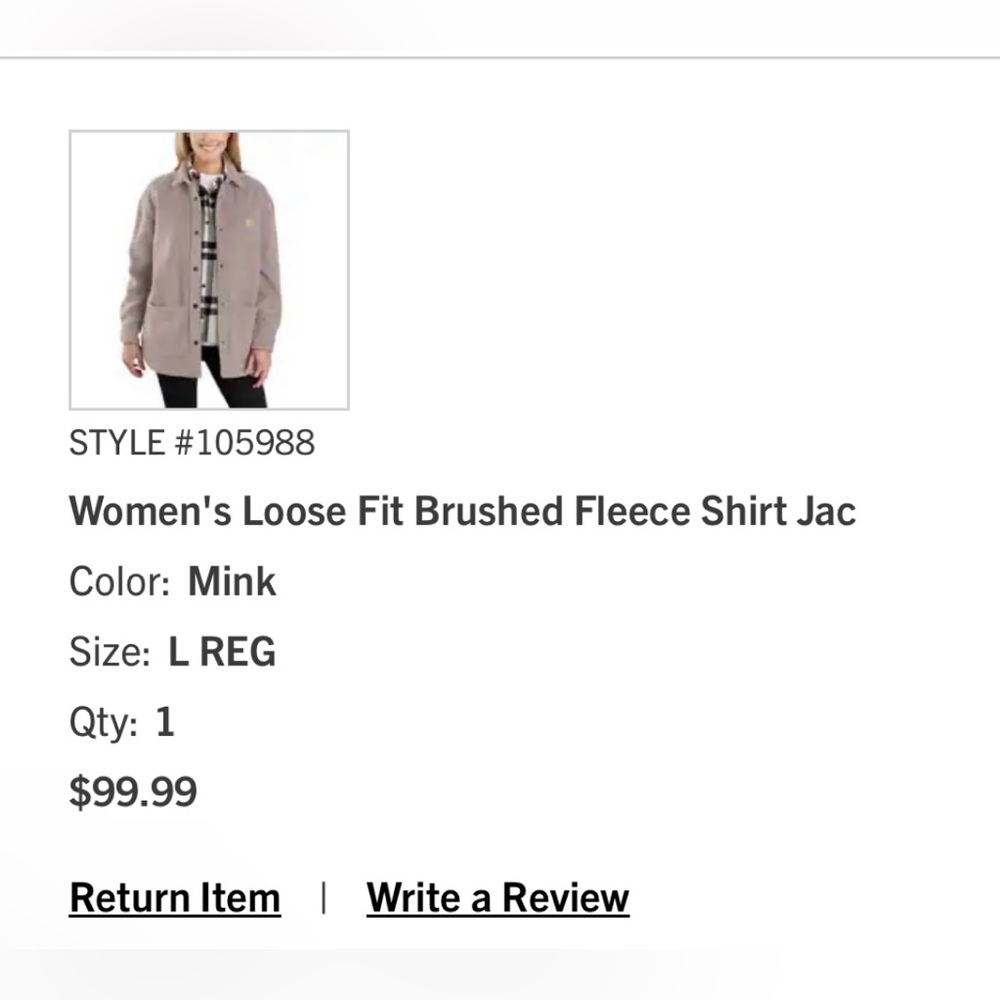 Carhartt Women’s loose fit brushed fleece shirt jacket, Mink colored, size Large - Picture 3 of 3